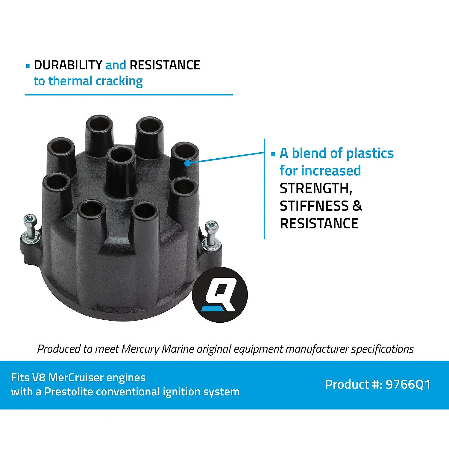 Quicksilver 9766Q1 Distributor Cap for V8 MerCruiser Engines by General Motors w/ Prestolite Conventional Ignition Systems - Image 3