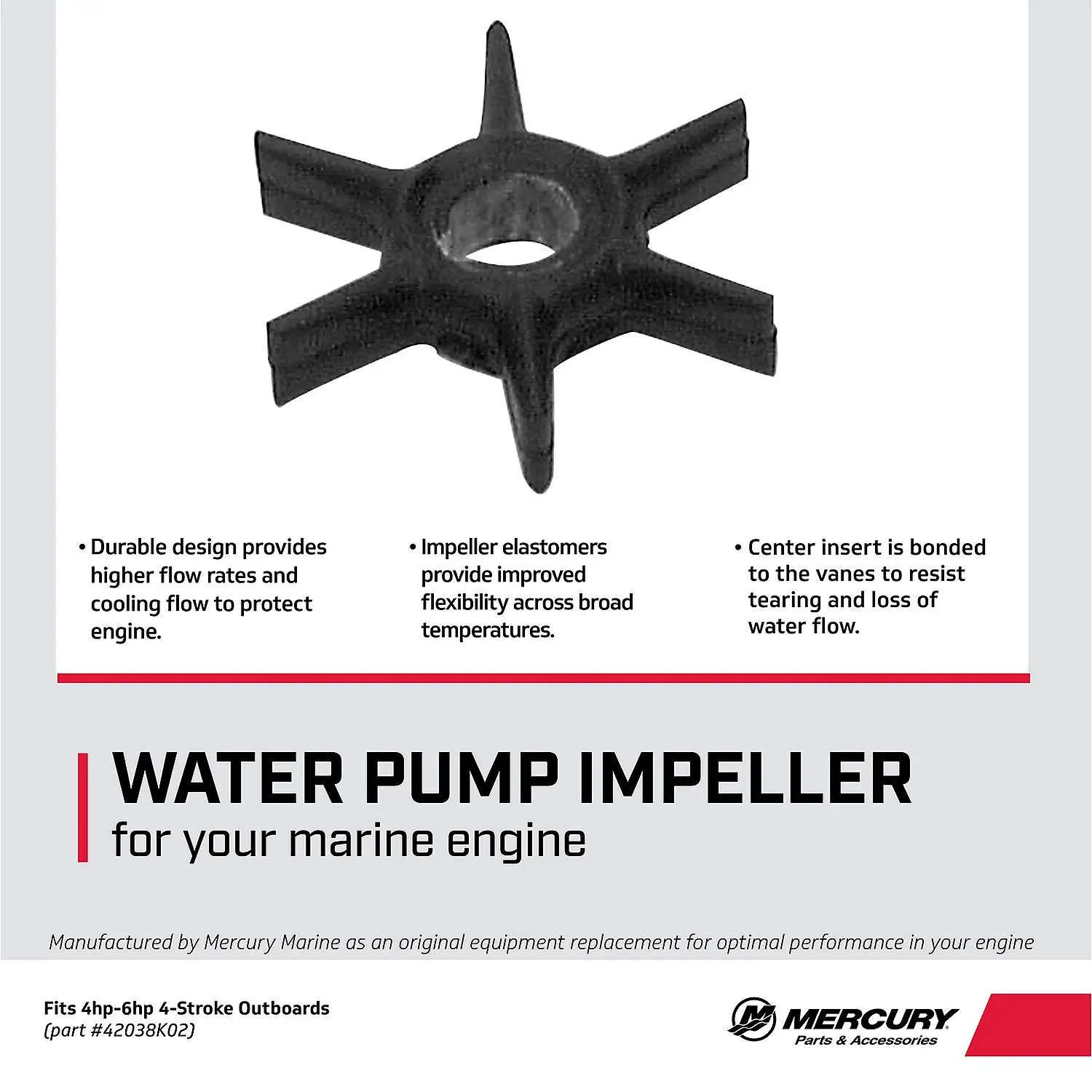 Mercury Impeller 42038K02 for Select Mercury and Mariner 6-15hp Outboards